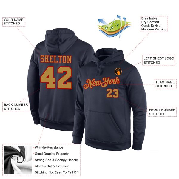 Custom Stitched Navy Old Gold-Red Sports Pullover Sweatshirt Hoodie - Image 4